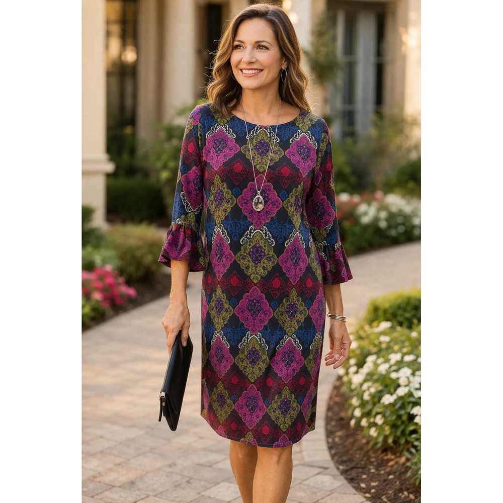 Chico's Jewel Geo Print Sheath Dress Bell Sleeve Multicolor XS